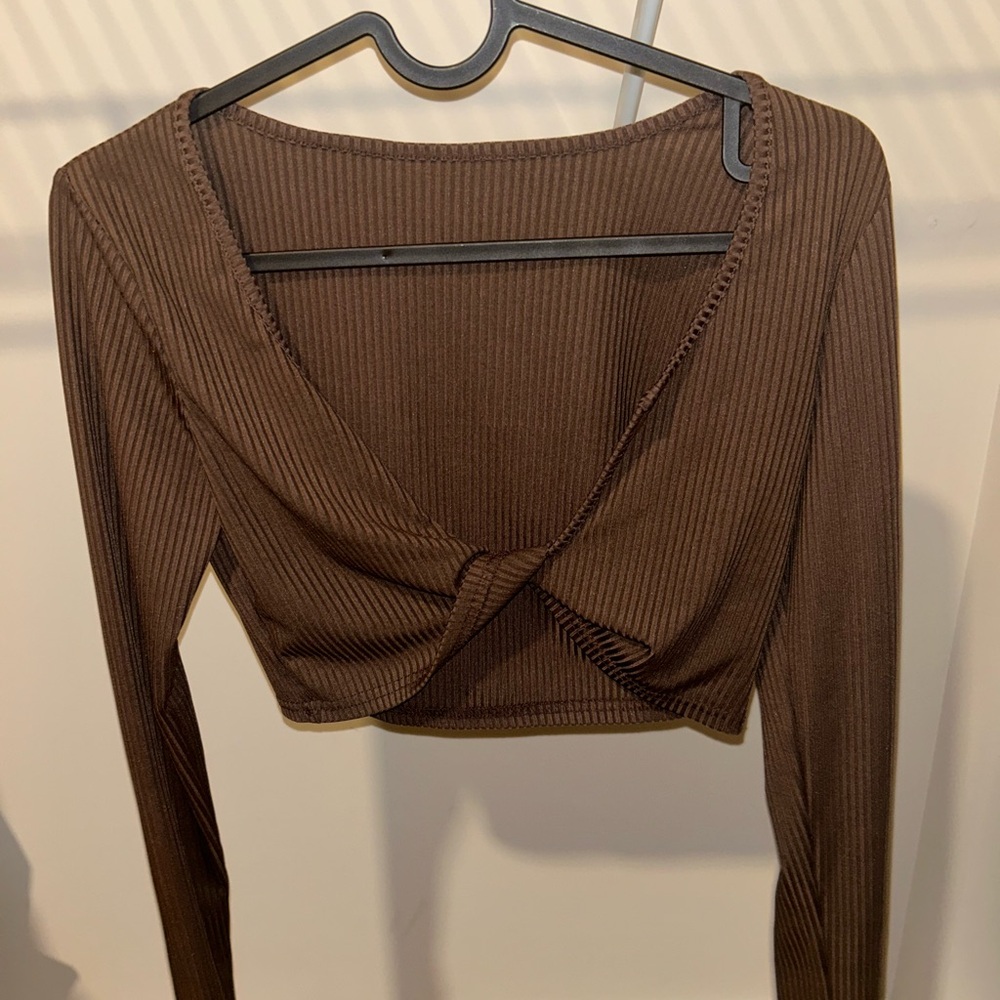 Brown Ribbed Long Sleeve Crop Top